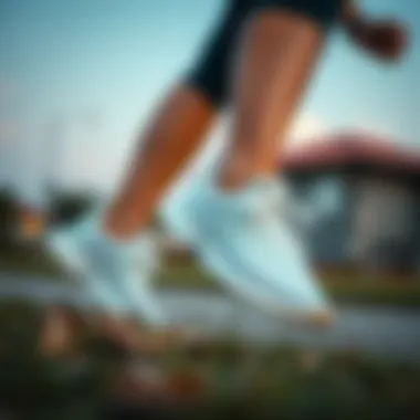 Woman wearing Adidas white shoes while exercising outdoors