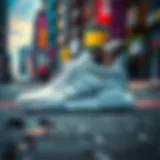 Stylish white Adidas sneakers on a vibrant urban background