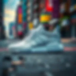 Stylish white Adidas sneakers on a vibrant urban background