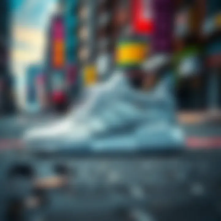 Stylish white Adidas sneakers on a vibrant urban background