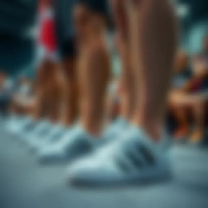 A group of athletes showcasing superstar slippers during an event