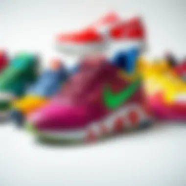 An artistic arrangement of colorful sports shoes emphasizing aesthetic appeal