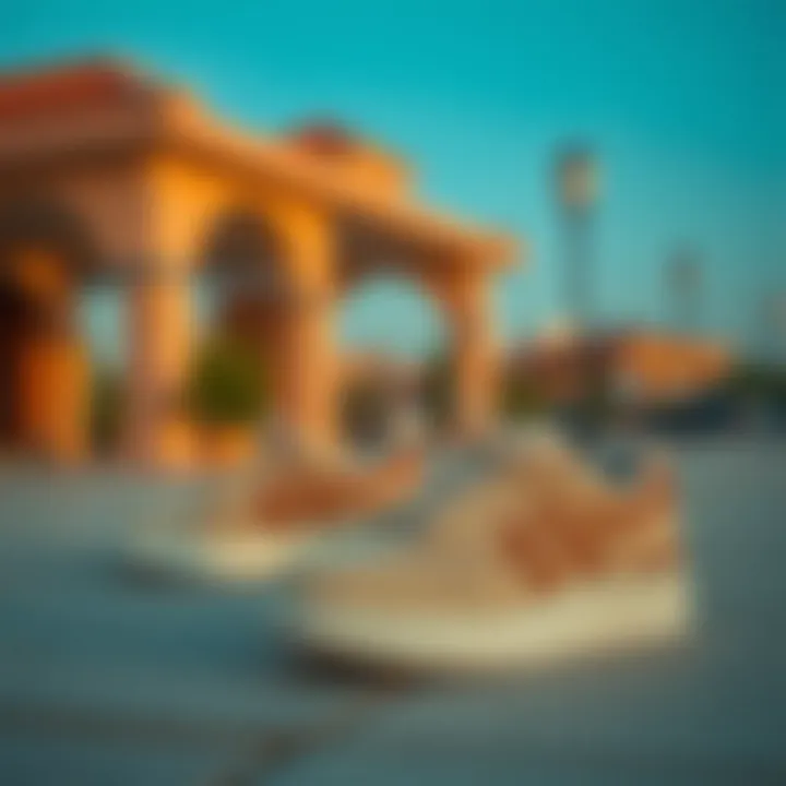 A serene outdoor setting with beige sports shoes in focus