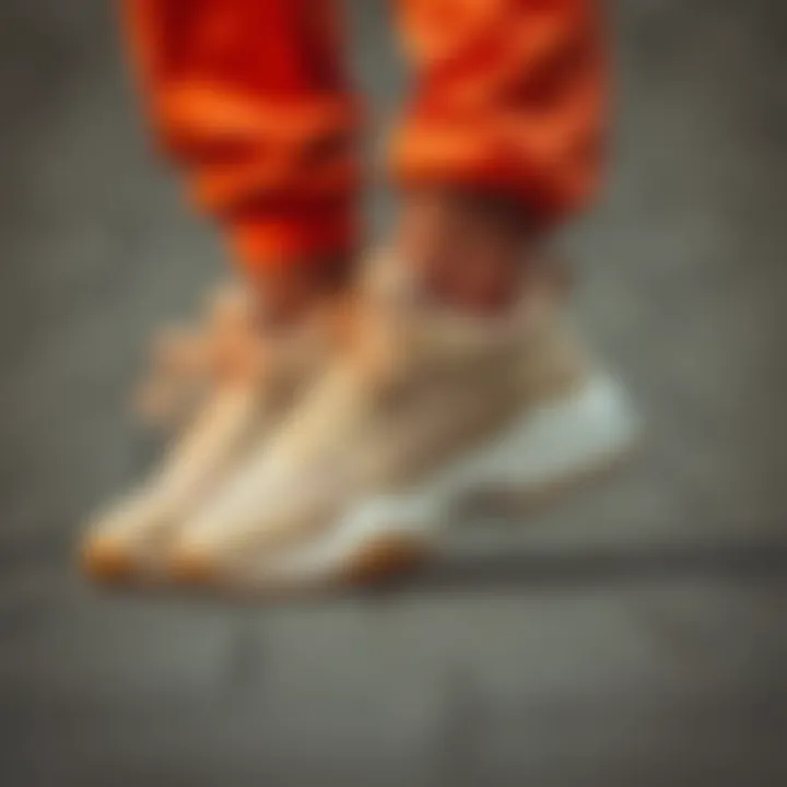 Beige sports shoes paired with trendy activewear