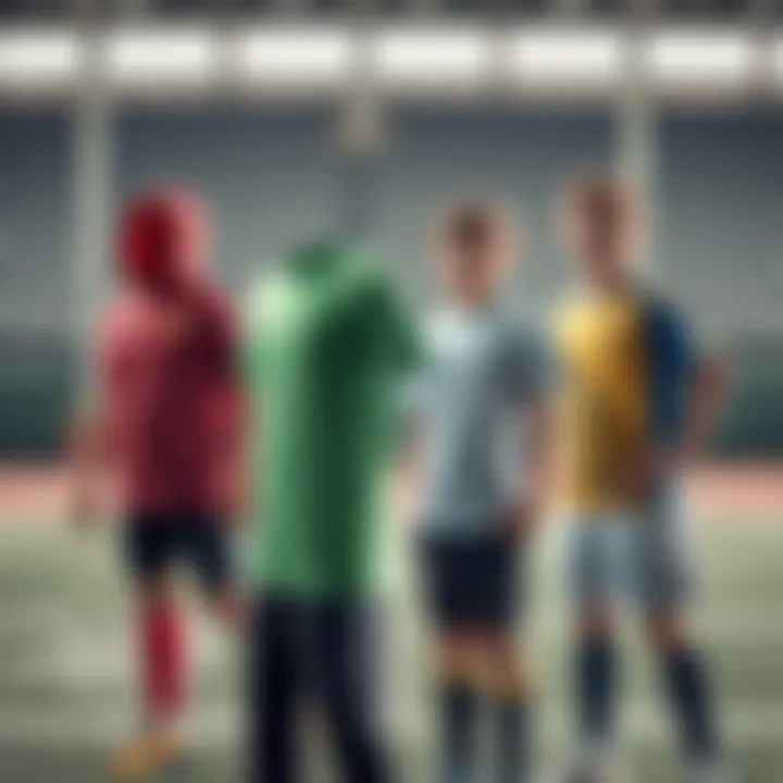 Innovative Designs for Young Athletes Different designs of children's sports uniforms set against an athletic backdrop