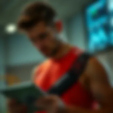 A football athlete analyzing performance data post-training