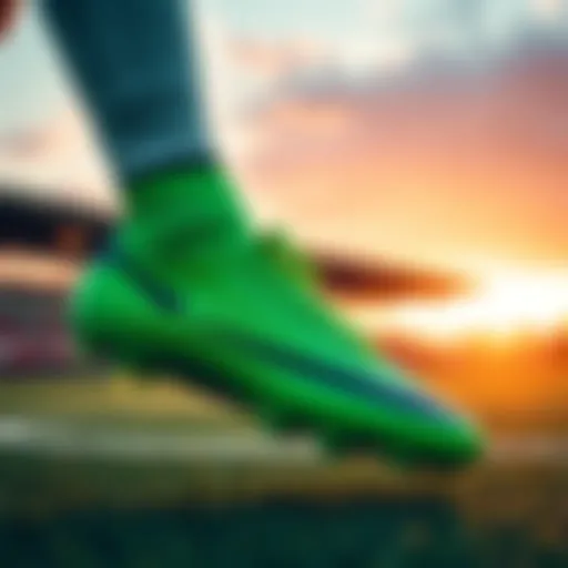 Dynamic green cleats on a soccer pitch