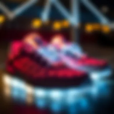 Innovative Design of Illuminated Shoes A close-up of illuminated sports shoes showcasing innovative design features
