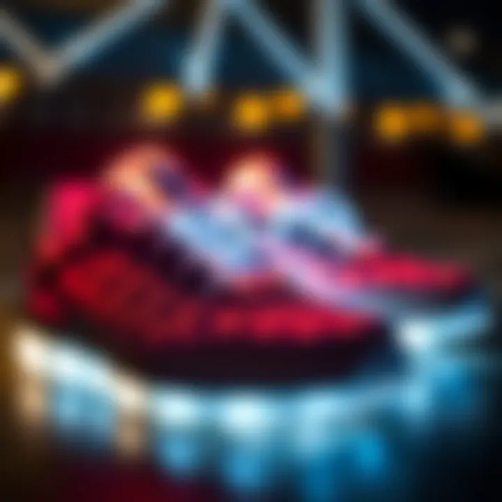 Innovative Design of Illuminated Shoes A close-up of illuminated sports shoes showcasing innovative design features