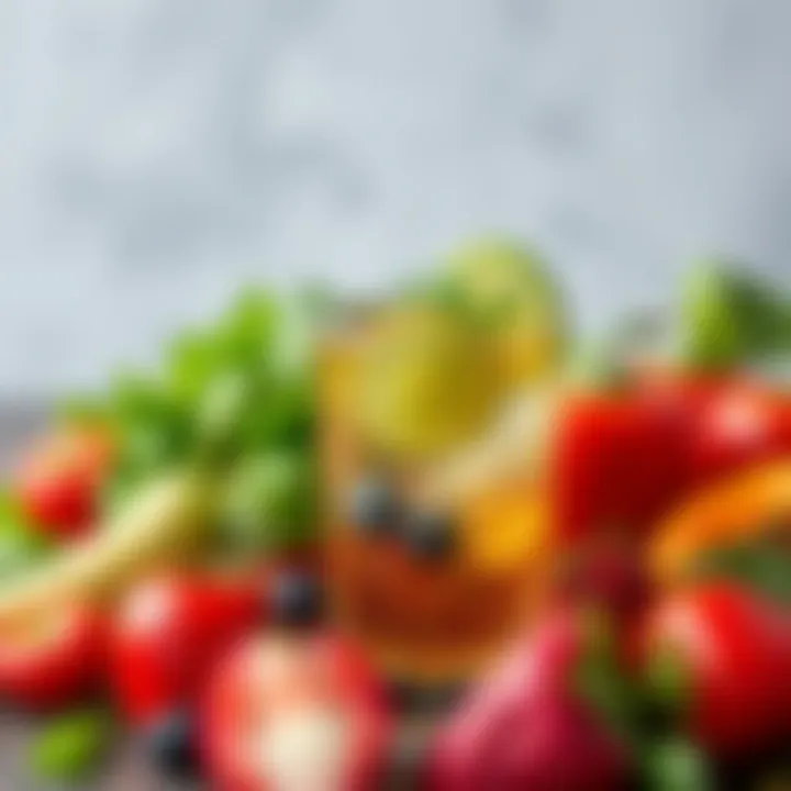 A close-up of vibrant seasonal ingredients used in low-calorie alcoholic drinks, emphasizing freshness and health