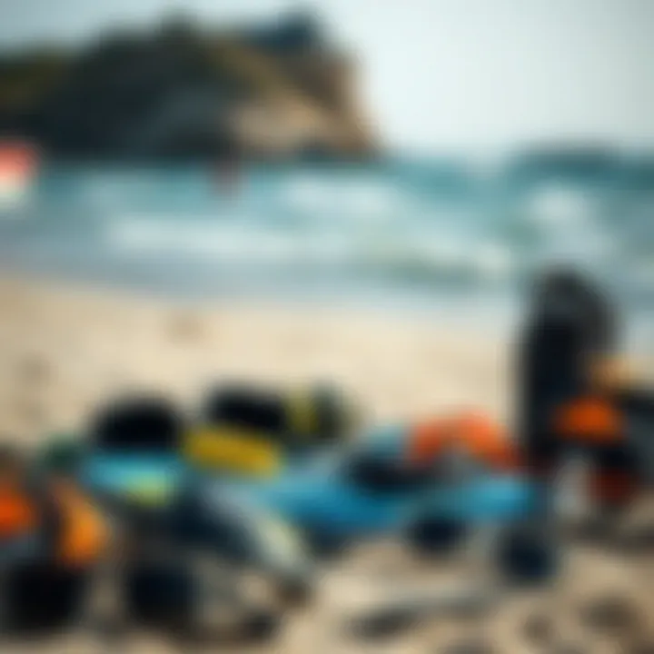 An overview of essential kitesurfing equipment laid out on the beach.