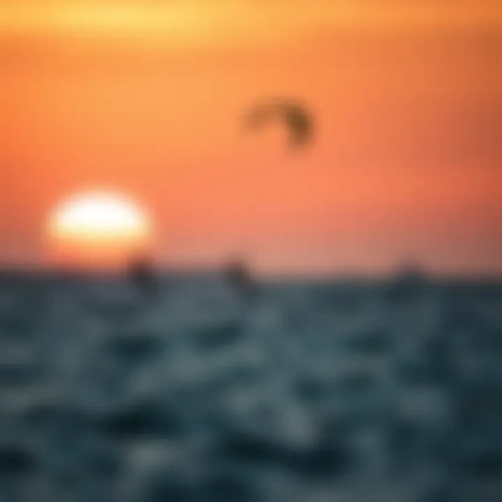 A stunning sunset view of kitesurfers gliding across calm waters.