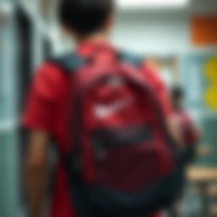 Student using Nike backpack in a school environment