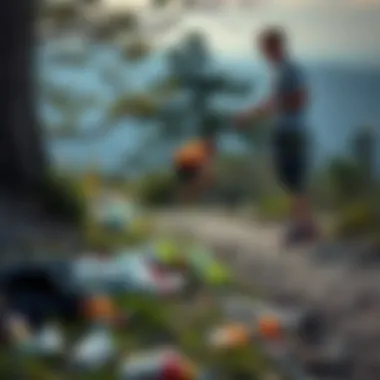 A scenic view of a trail littered with trash and a volunteer collecting it.