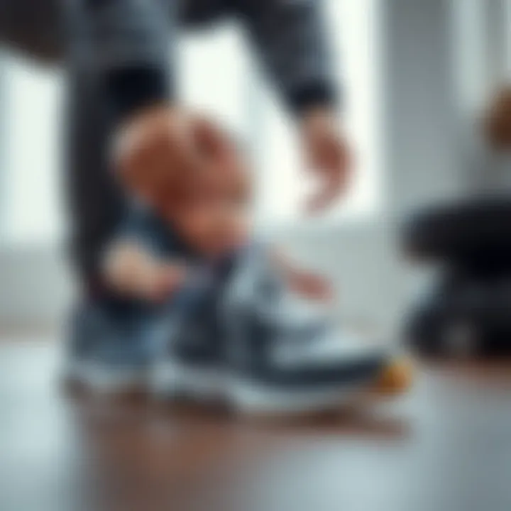 A parent helping a baby wear Reebok sports shoes