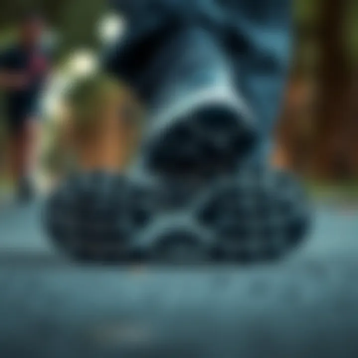 Detailed view of running shoe soles designed for traction and stability