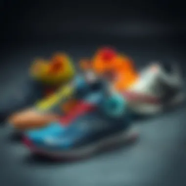 A variety of running shoes arranged to highlight different types for various terrains