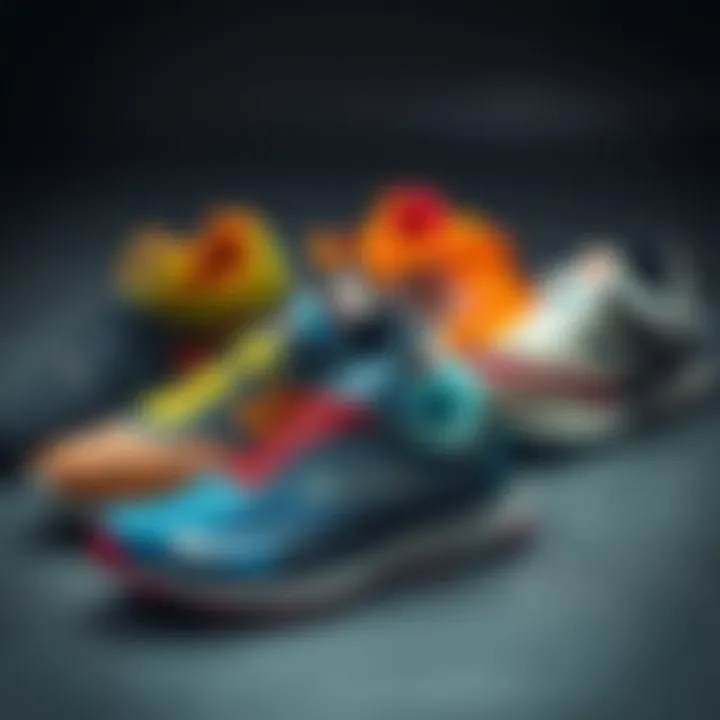 A variety of running shoes arranged to highlight different types for various terrains