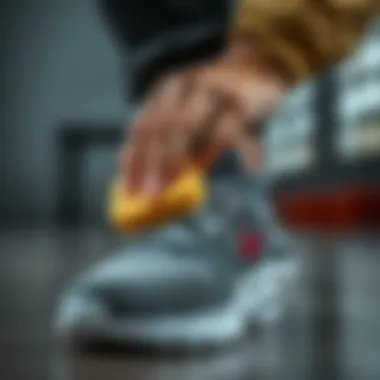 A person applying shoe sponge to a sneaker