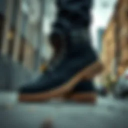 Stylish black Timberland shoes showcased in an urban environment