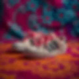 A stylish pair of superstar slippers on a vibrant background