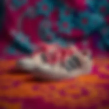 A stylish pair of superstar slippers on a vibrant background