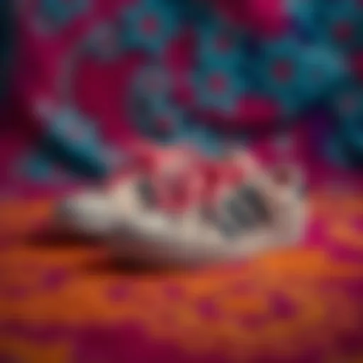 A stylish pair of superstar slippers on a vibrant background