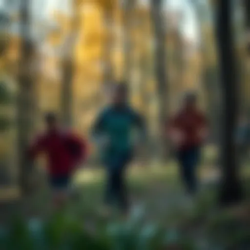 A vibrant forest scene showcasing softshell clothing in action