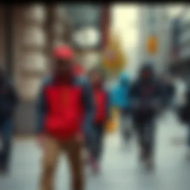 A stylish urban setting with individuals wearing TNF jackets, blending sport and style